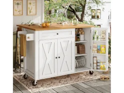 Carrinho de cozinha com 3 portas, 1 gaveta, suporte para toalhas e suporte para temperos, design de mesa rebatível, cores branco e natural