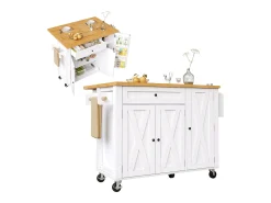Carrinho de cozinha com 3 portas, 1 gaveta, suporte para toalhas e suporte para temperos, design de mesa rebatível, cores branco e natural
