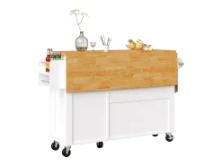 Carrinho de cozinha com 3 portas, 1 gaveta, suporte para toalhas e suporte para temperos, design de mesa rebatível, cores branco e natural