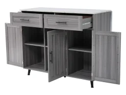 Carrinho de cozinha com rodas, 2 gavetas, 3 portas, tampo extensível em folheado de mármore branco, corpo cinza