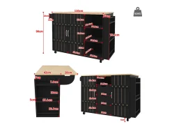 Carrinho de cozinha com rodas e tampo extensível, 2 portas de correr e 3 gavetas, preto - 110x70x90cm