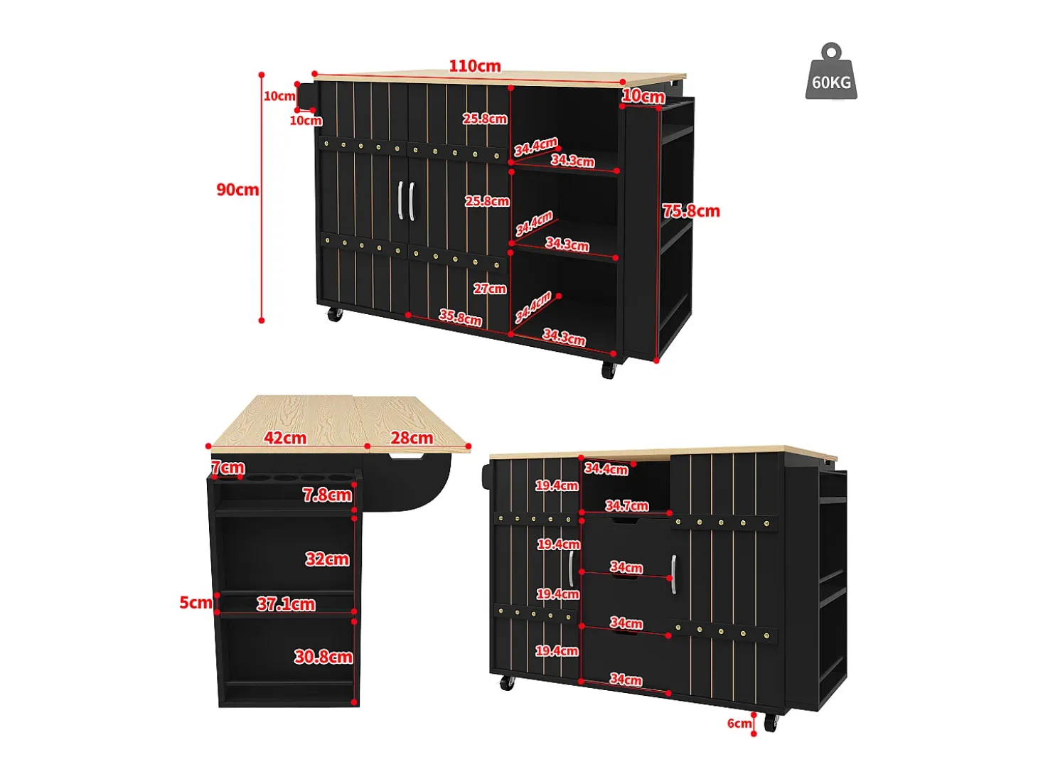 Carrinho de cozinha com rodas e tampo extensível, 2 portas de correr e 3 gavetas, preto - 110x70x90cm