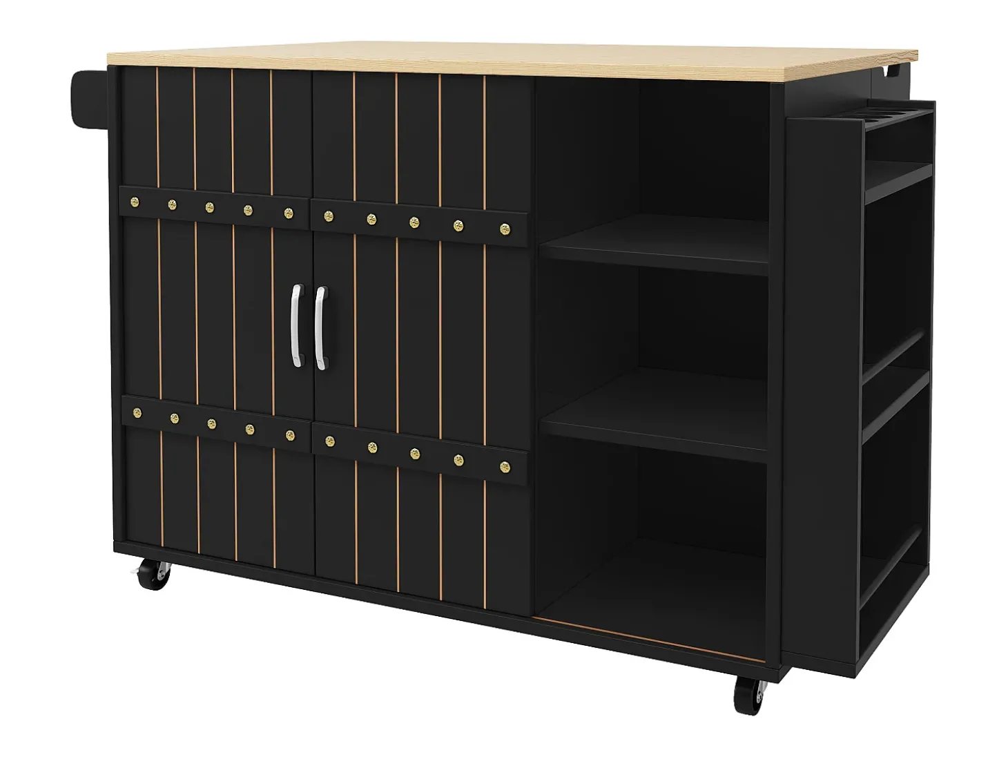 Carrinho de cozinha com rodas e tampo extensível, 2 portas de correr e 3 gavetas, preto - 110x70x90cm