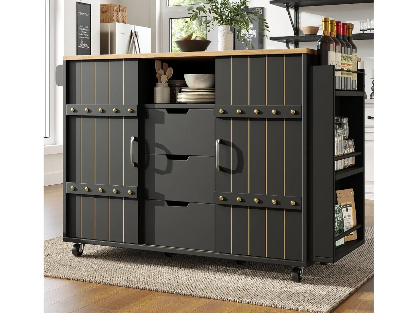 Carrinho de cozinha com rodas e tampo extensível, 2 portas de correr e 3 gavetas, preto - 110x70x90cm