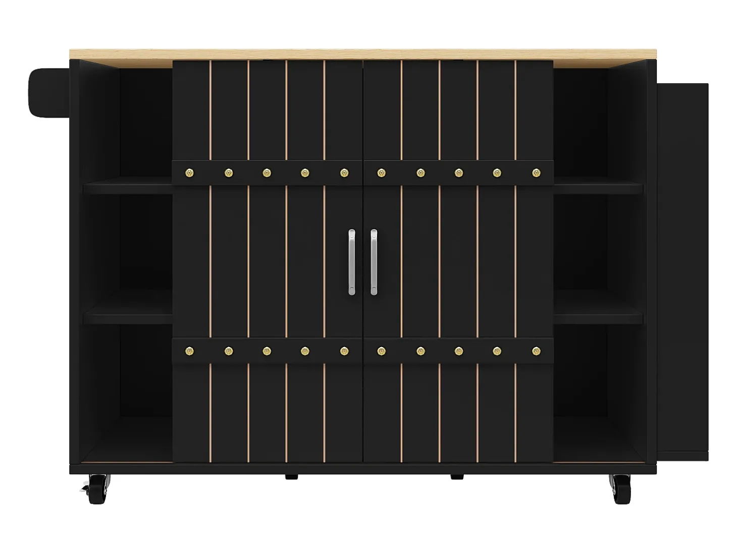 Carrinho de cozinha com rodas e tampo extensível, 2 portas de correr e 3 gavetas, preto - 110x70x90cm