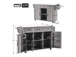Carrinho de cozinha com rodas com 3 gavetas, 2 portas e 2 nichos, tampo extensível em folheado de mármore branco, corpo cinza