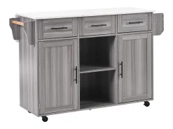 Carrinho de cozinha com rodas com 3 gavetas, 2 portas e 2 nichos, tampo extensível em folheado de mármore branco, corpo cinza
