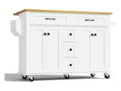 Carrinho de cozinha com rodas com 5 gavetas e 4 portas, tampo extensível em acabamento madeira, branco