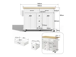 Carrinho de cozinha com rodas com 5 gavetas e 4 portas, tampo extensível em acabamento madeira, branco