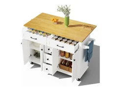 Carrinho de cozinha com rodas com 5 gavetas e 4 portas, tampo extensível em acabamento madeira, branco