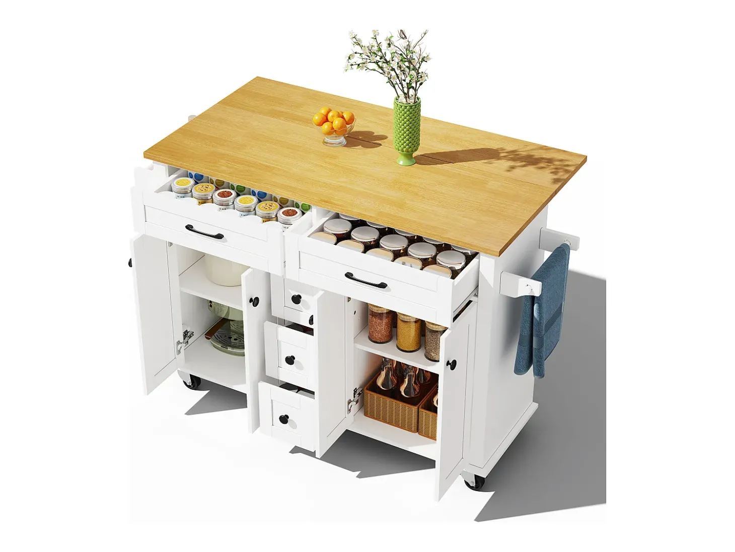Carrinho de cozinha com rodas com 5 gavetas e 4 portas, tampo extensível em acabamento madeira, branco