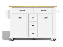 Carrinho de cozinha com rodas com 5 gavetas e 4 portas, tampo extensível em acabamento madeira, branco