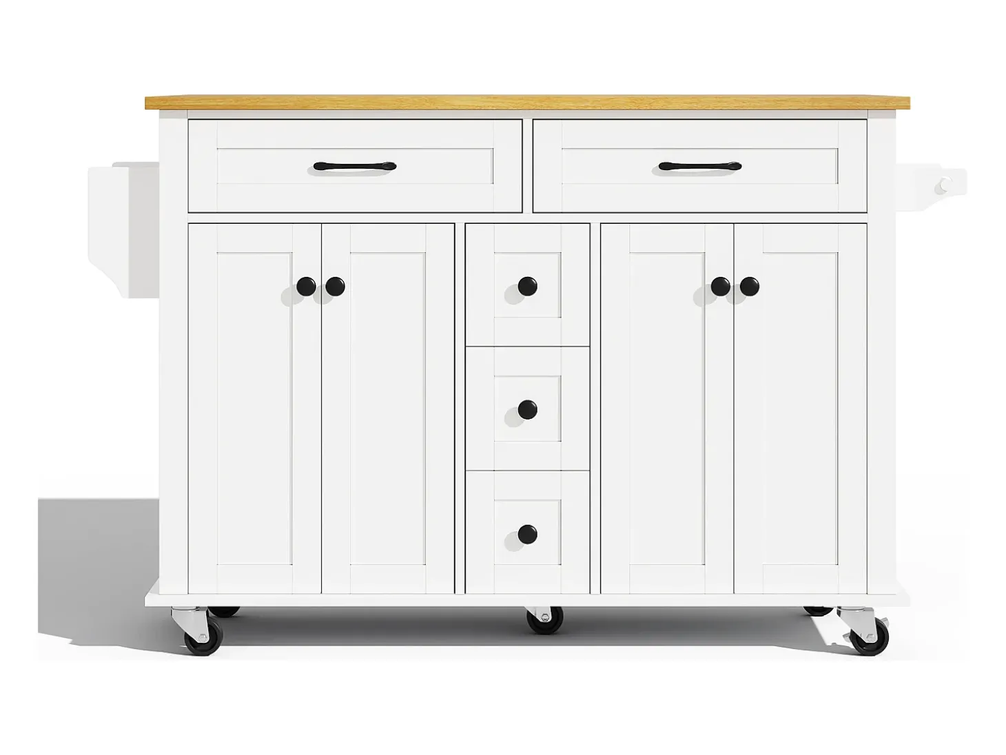 Carrinho de cozinha com rodas com 5 gavetas e 4 portas, tampo extensível em acabamento madeira, branco