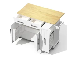 Carrinho de cozinha com rodas com 2 gavetas, 2 portas e prateleiras internas, tampo extensível em acabamento madeira, branco