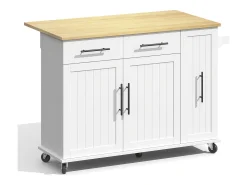 Carrinho de cozinha com rodas com 2 gavetas, 2 portas e prateleiras internas, tampo extensível em acabamento madeira, branco