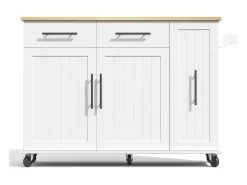 Carrinho de cozinha com rodas com 2 gavetas, 2 portas e prateleiras internas, tampo extensível em acabamento madeira, branco