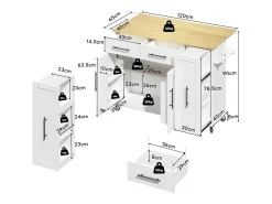 Carrinho de cozinha com rodas com 2 gavetas, 2 portas e prateleiras internas, tampo extensível em acabamento madeira, branco