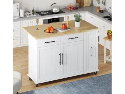Carrinho de cozinha com rodas com 2 gavetas, 2 portas e prateleiras internas, tampo extensível em acabamento madeira, branco