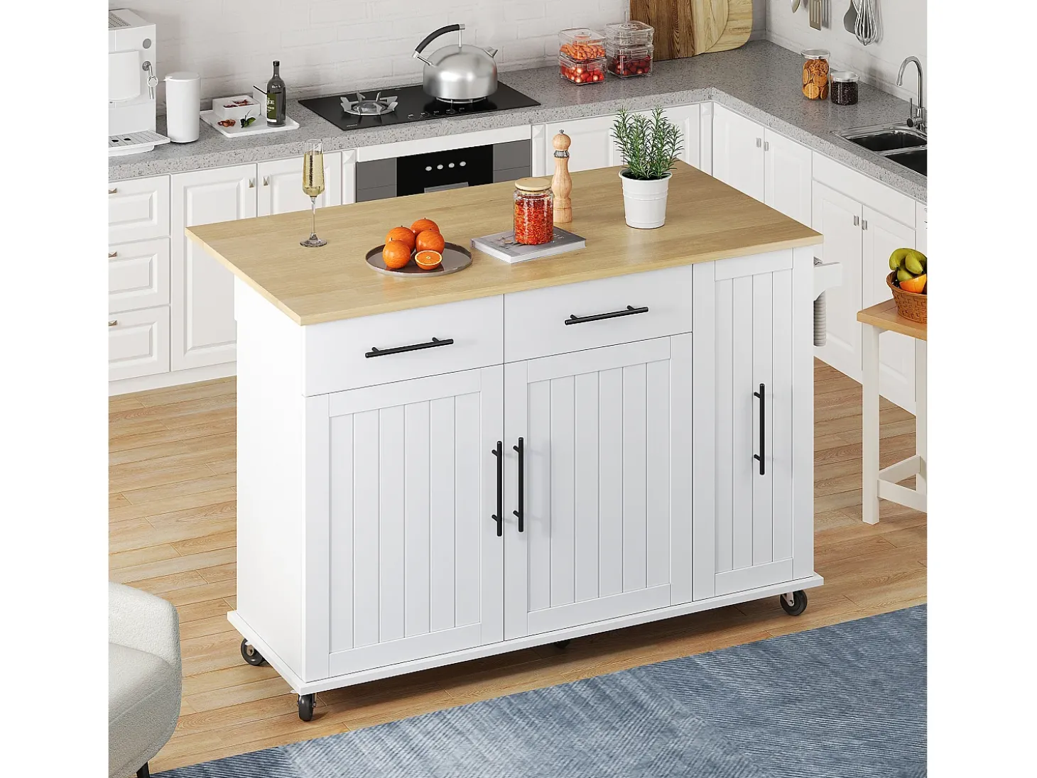 Carrinho de cozinha com rodas com 2 gavetas, 2 portas e prateleiras internas, tampo extensível em acabamento madeira, branco