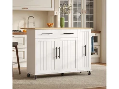 Carrinho de cozinha com rodas com 2 gavetas, 2 portas e prateleiras internas, tampo extensível em acabamento madeira, branco