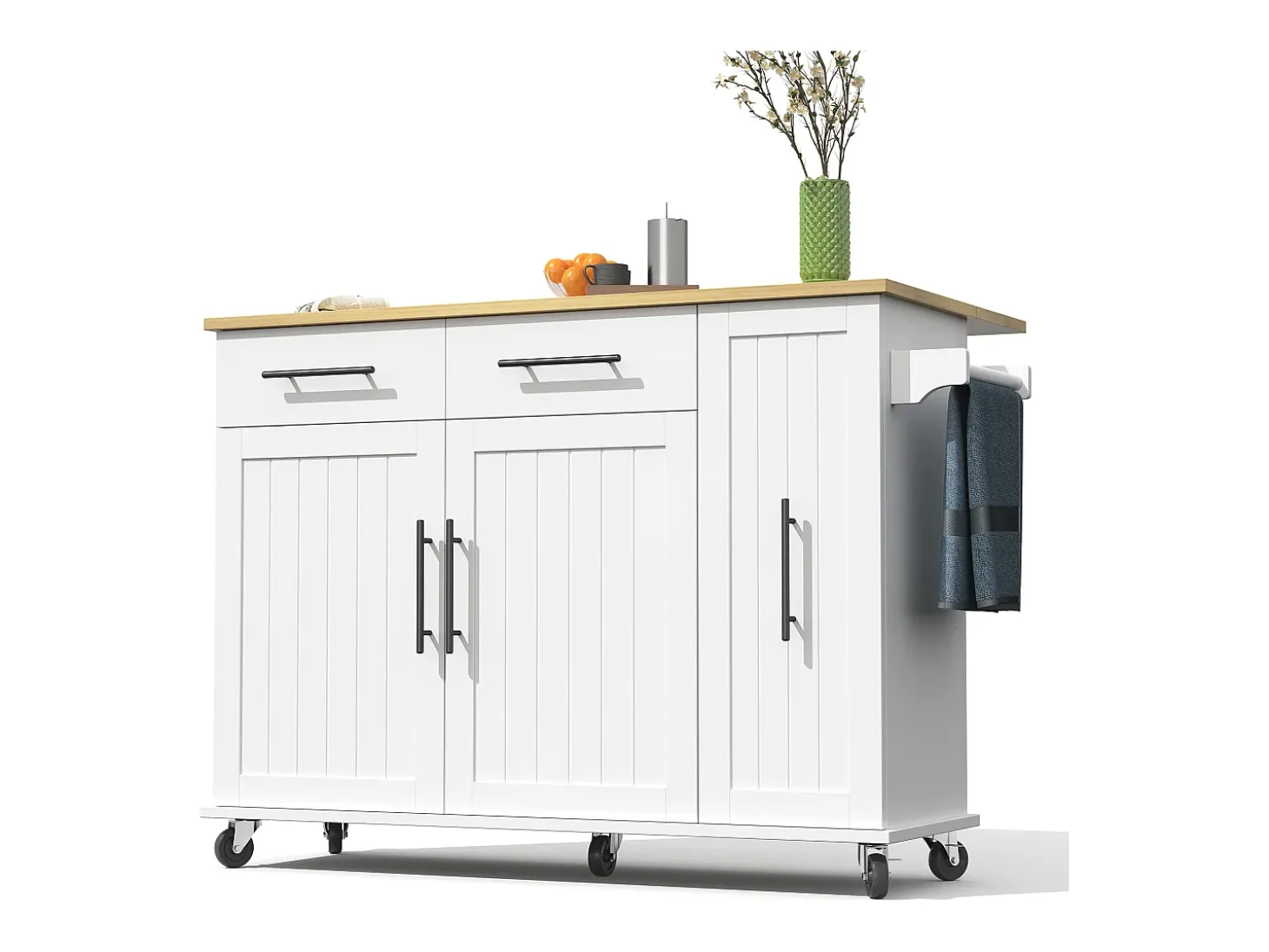 Carrinho de cozinha com rodas com 2 gavetas, 2 portas e prateleiras internas, tampo extensível em acabamento madeira, branco