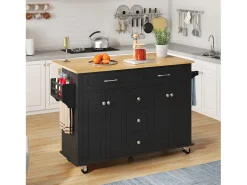 Carrinho de cozinha com rodas com 5 gavetas e 4 portas, tampo extensível em acabamento madeira, preto