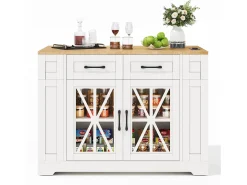 Carrinho de cozinha com rodas, 2 gavetas, 2 portas de vidro, tomada e porta USB, tampo extensível em madeira, corpo branco