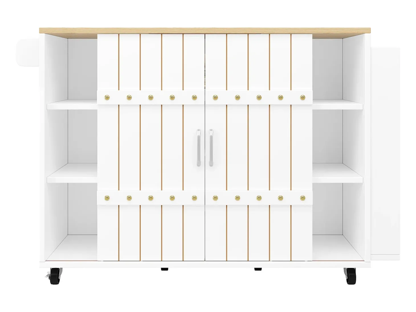 Carrinho de cozinha com rodas e tampo extensível, 2 portas de correr e 3 gavetas, branco - 110x70x90cm