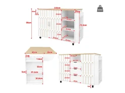 Carrinho de cozinha com rodas e tampo extensível, 2 portas de correr e 3 gavetas, branco - 110x70x90cm