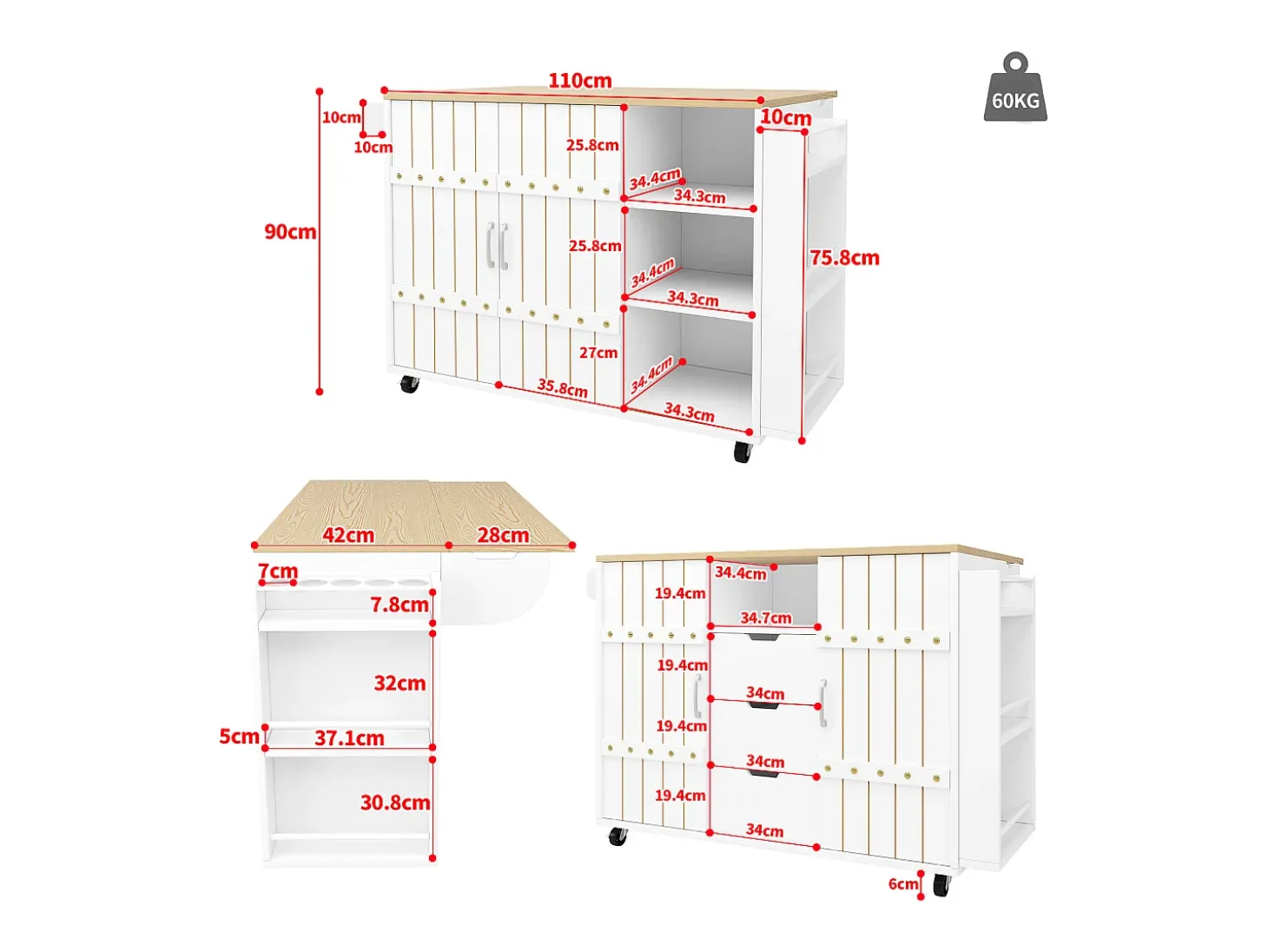 Carrinho de cozinha com rodas e tampo extensível, 2 portas de correr e 3 gavetas, branco - 110x70x90cm