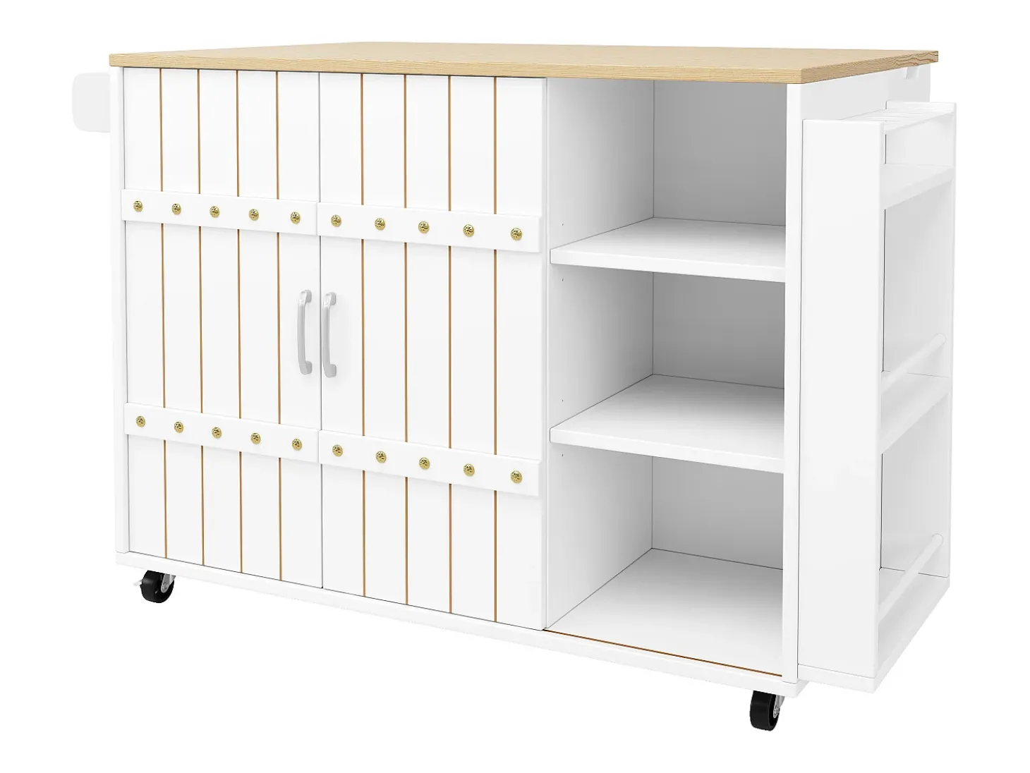 Carrinho de cozinha com rodas e tampo extensível, 2 portas de correr e 3 gavetas, branco - 110x70x90cm