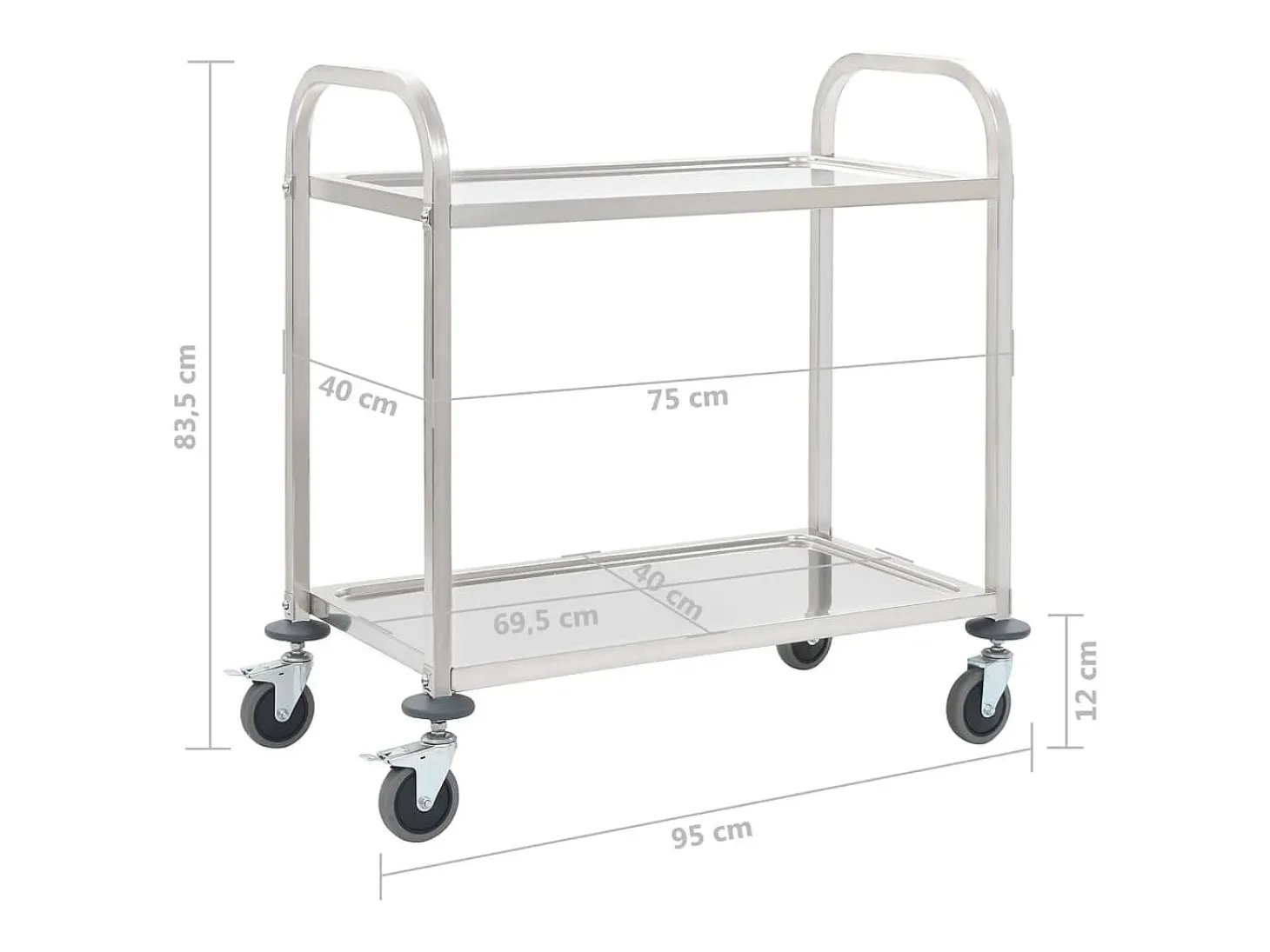 Carrinho de cozinha de 2 níveis 95x45x83,5 cm aço inoxidável