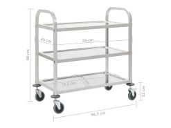 Carrinho de cozinha de 3 níveis 96,5x55x90 cm aço inoxidável