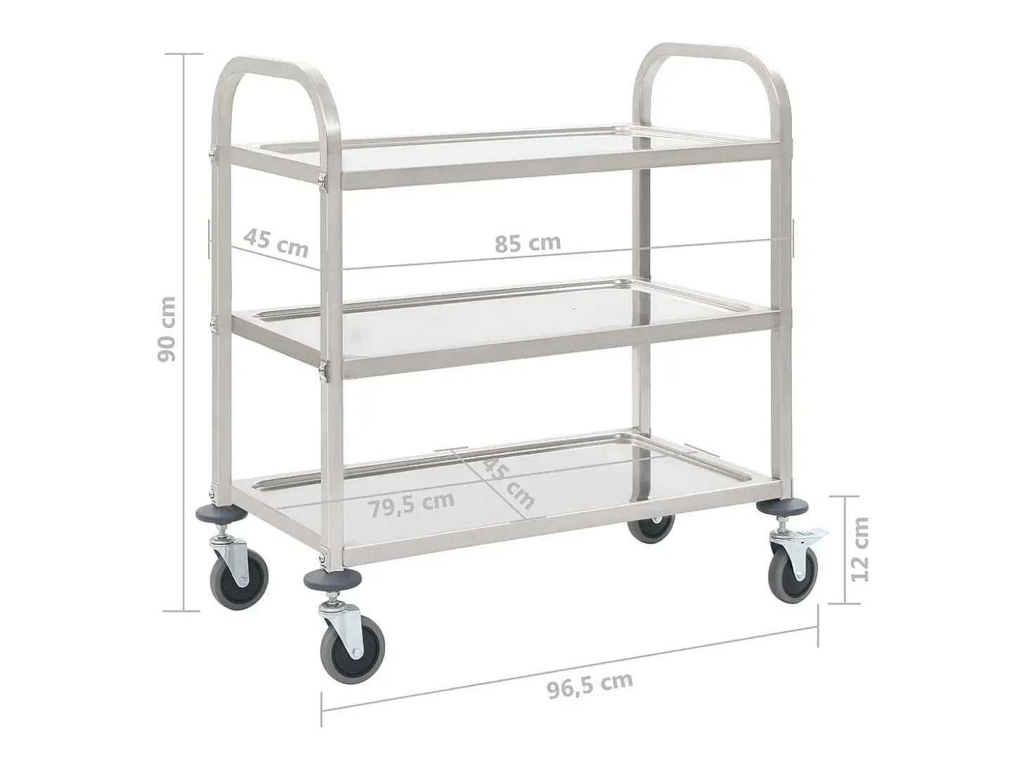 Carrinho de cozinha de 3 níveis 96,5x55x90 cm aço inoxidável