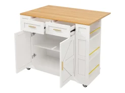 Carrinho de cozinha móvel com tampo extensível em folheado de madeira, 2 gavetas, 2 portas e prateleiras incluídas, branco - 120x65x90cm