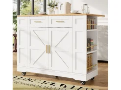 Carrinho de cozinha móvel com tampo extensível em folheado de madeira, 2 gavetas, 2 portas e prateleiras incluídas, branco - 120x65x90cm