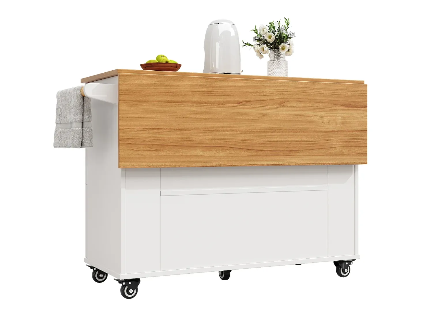 Carrinho de cozinha móvel com tampo extensível em folheado de madeira, 3 gavetas e 3 portas incluídas, branco - 133x70x88cm