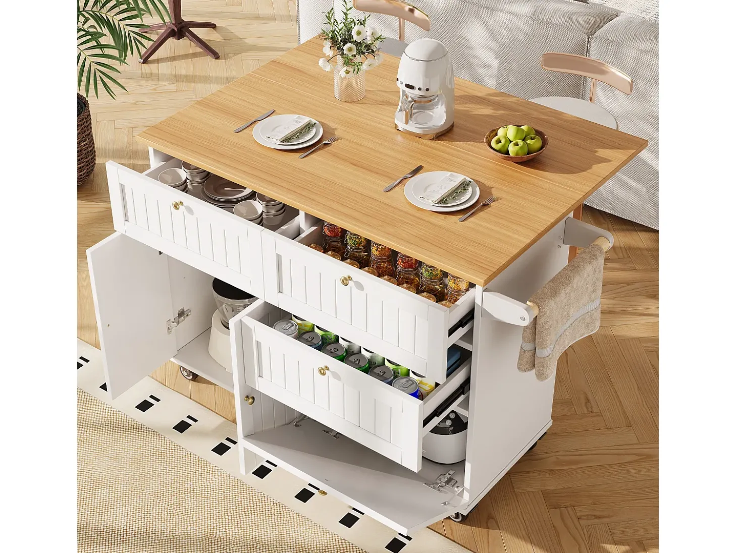 Carrinho de cozinha móvel com tampo extensível em folheado de madeira, 3 gavetas e 3 portas incluídas, branco - 133x70x88cm