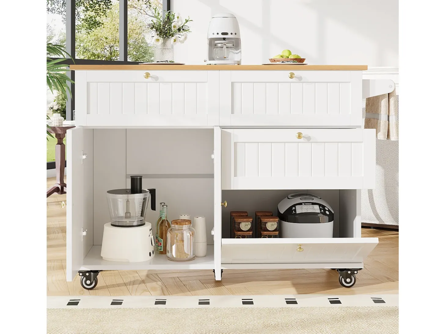 Carrinho de cozinha móvel com tampo extensível em folheado de madeira, 3 gavetas e 3 portas incluídas, branco - 133x70x88cm