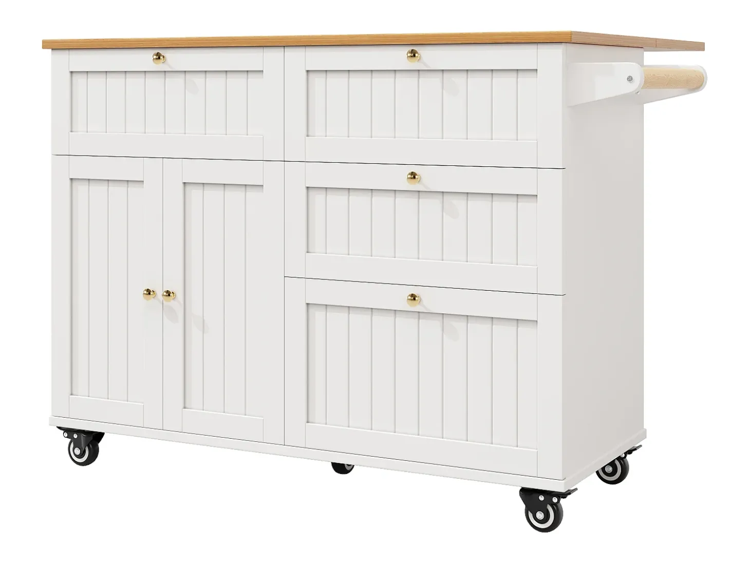 Carrinho de cozinha móvel com tampo extensível em folheado de madeira, 3 gavetas e 3 portas incluídas, branco - 133x70x88cm