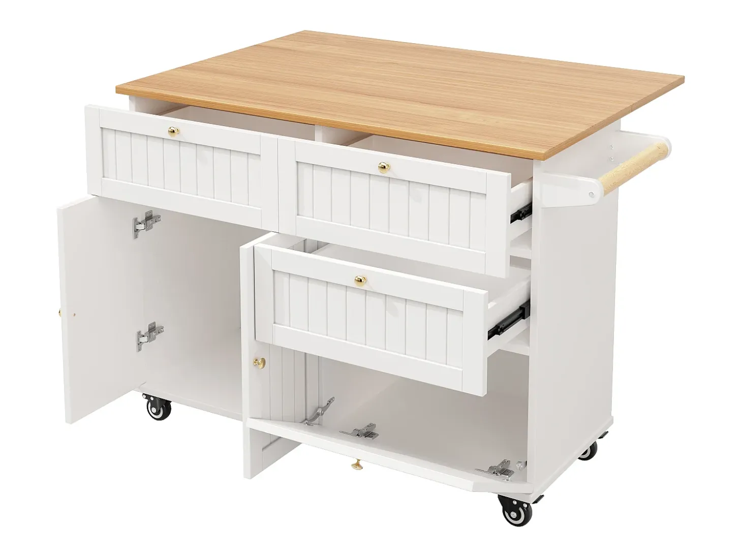 Carrinho de cozinha móvel com tampo extensível em folheado de madeira, 3 gavetas e 3 portas incluídas, branco - 133x70x88cm