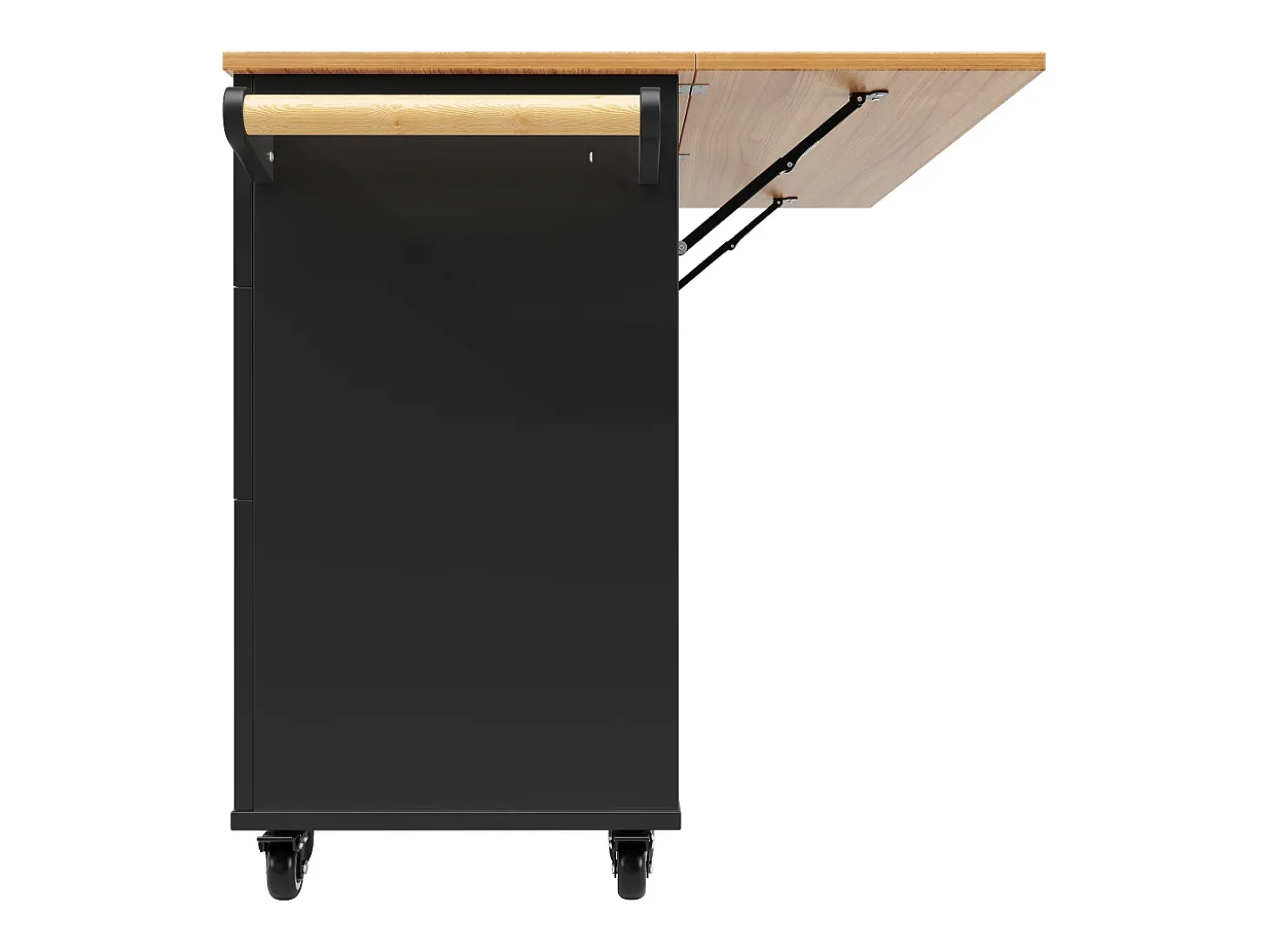 Carrinho de cozinha móvel com tampo extensível em folheado de madeira, 3 gavetas e 3 portas incluídas, preto - 133x70x88cm