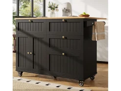 Carrinho de cozinha móvel com tampo extensível em folheado de madeira, 3 gavetas e 3 portas incluídas, preto - 133x70x88cm