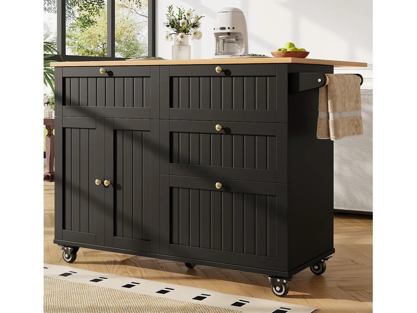 Carrinho de cozinha móvel com tampo extensível em folheado de madeira, 3 gavetas e 3 portas incluídas, preto - 133x70x88cm