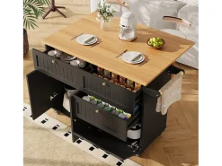 Carrinho de cozinha móvel com tampo extensível em folheado de madeira, 3 gavetas e 3 portas incluídas, preto - 133x70x88cm