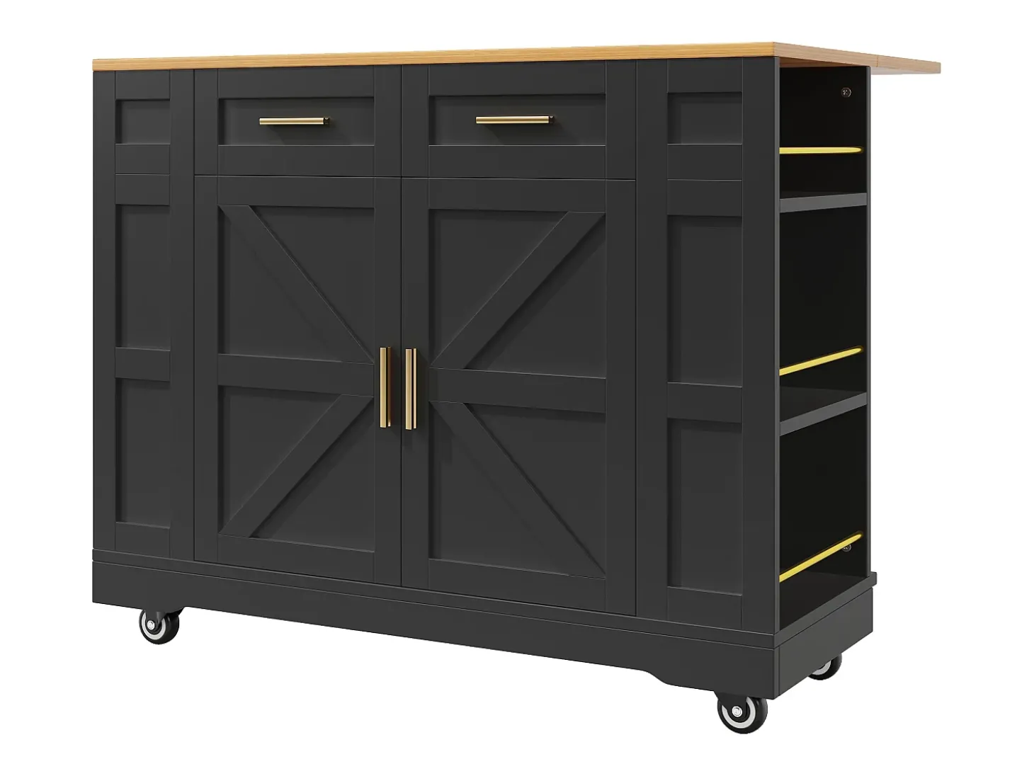 Carrinho de cozinha móvel com tampo extensível em folheado de madeira, 2 gavetas, 2 portas e prateleiras incluídas, preto - 120x65x90cm