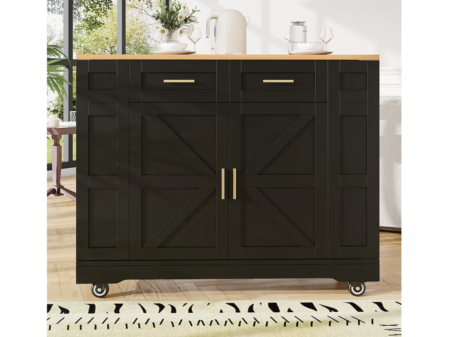 Carrinho de cozinha móvel com tampo extensível em folheado de madeira, 2 gavetas, 2 portas e prateleiras incluídas, preto - 120x65x90cm