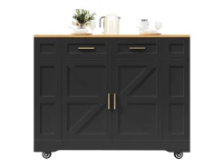 Carrinho de cozinha móvel com tampo extensível em folheado de madeira, 2 gavetas, 2 portas e prateleiras incluídas, preto - 120x65x90cm