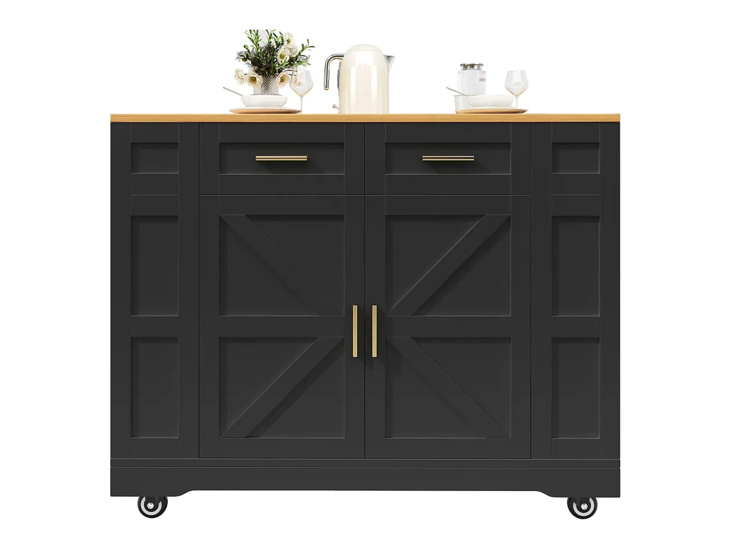 Carrinho de cozinha móvel com tampo extensível em folheado de madeira, 2 gavetas, 2 portas e prateleiras incluídas, preto - 120x65x90cm