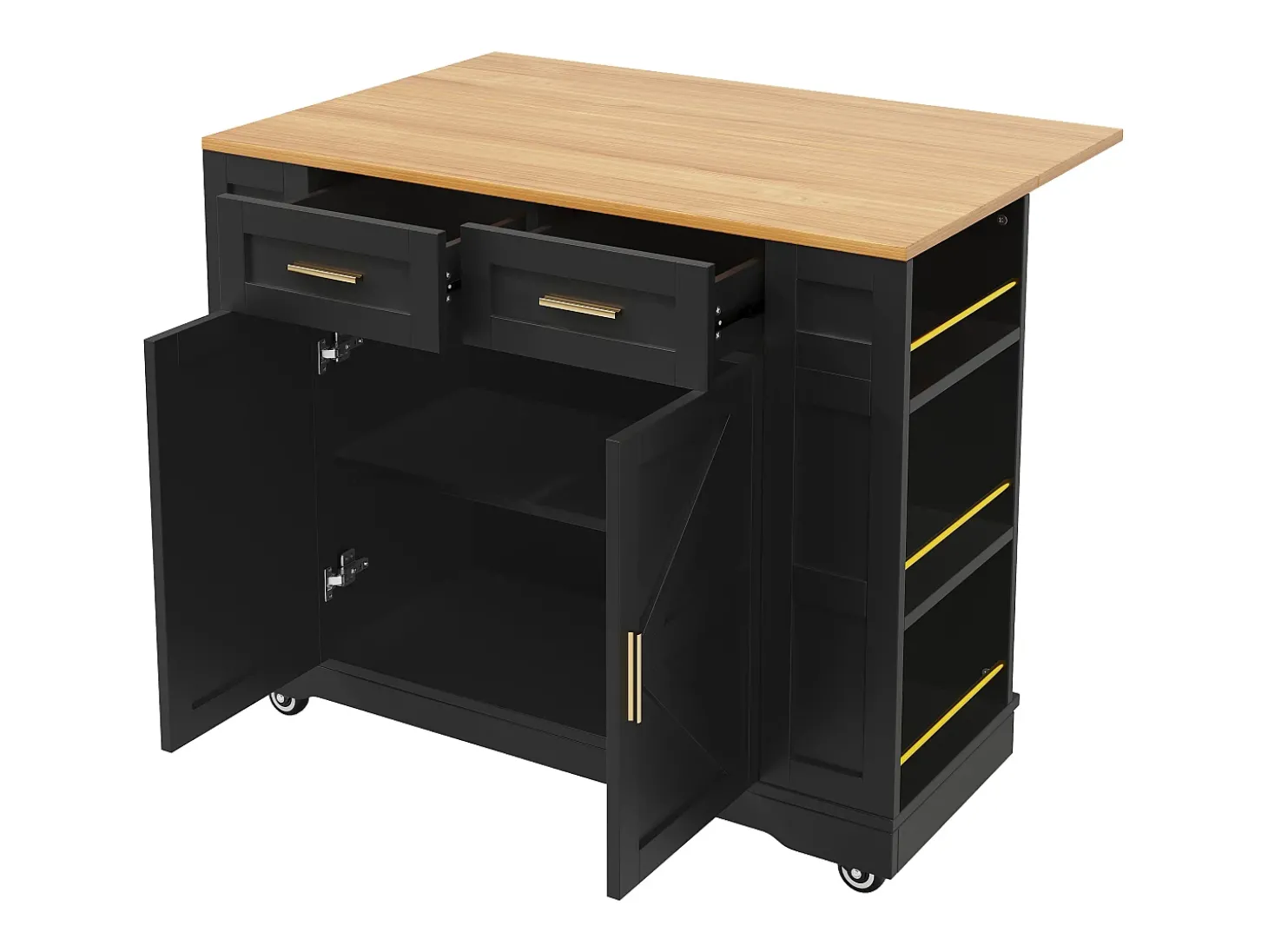 Carrinho de cozinha móvel com tampo extensível em folheado de madeira, 2 gavetas, 2 portas e prateleiras incluídas, preto - 120x65x90cm